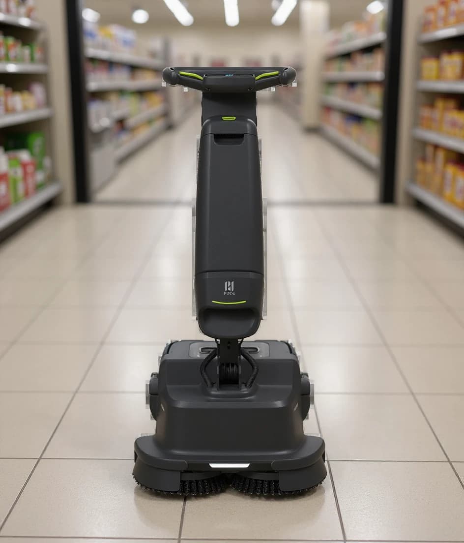 A Pudu SH1 compact scrubber robot cleaning a grocery store aisle near shelving
