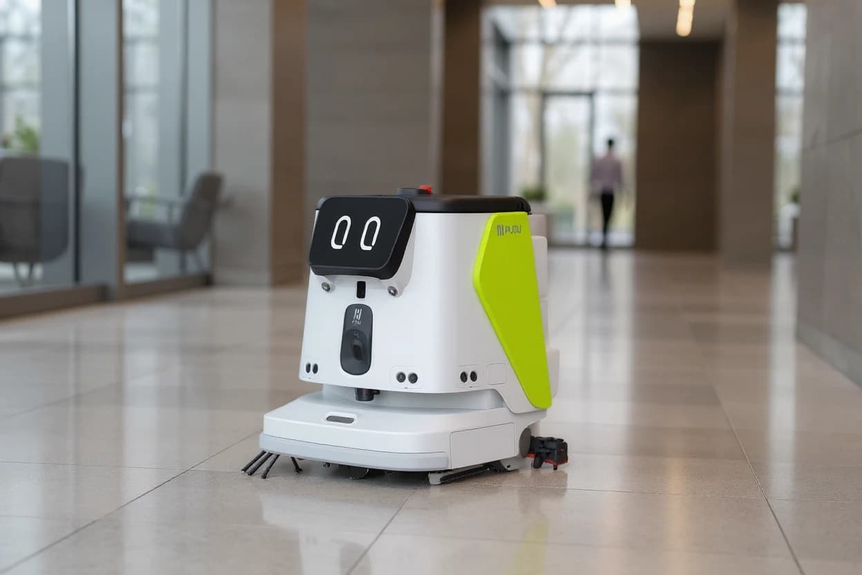 A Pudu CC1 cleaning robot in a corporate office lobby