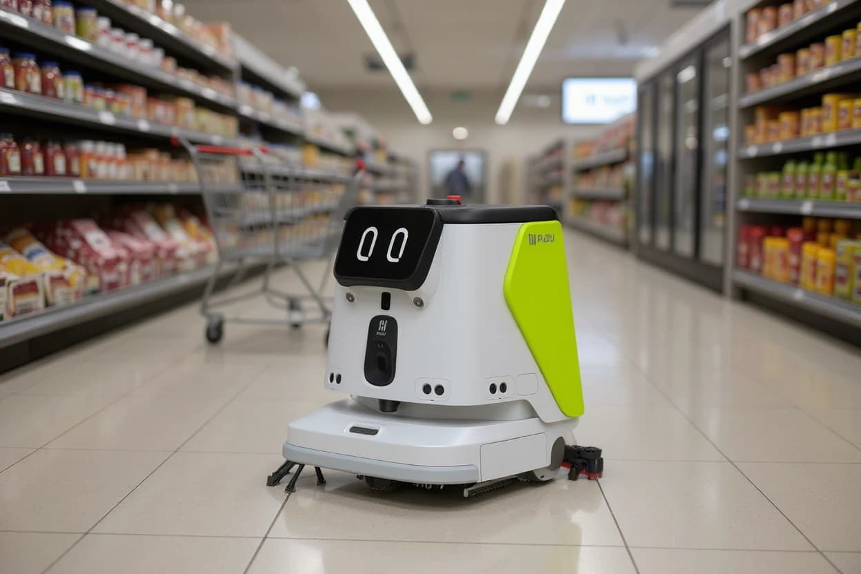 A Pudu CC1 cleaning robot scrubbing a grocery aisle